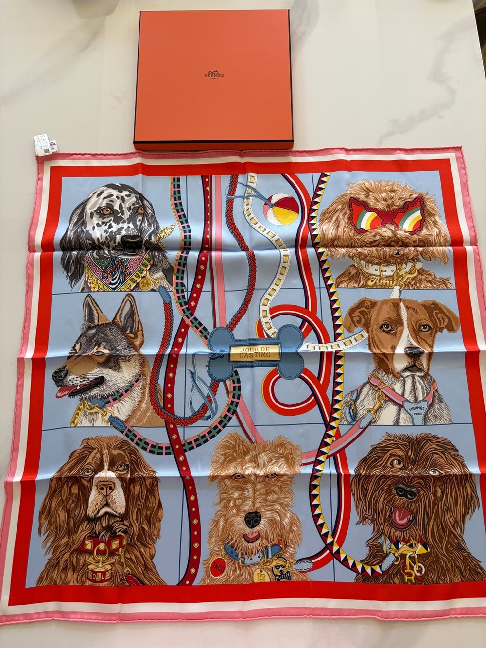 Hermes Red & Light Blue Silk Dog jour de casting Scarf 70